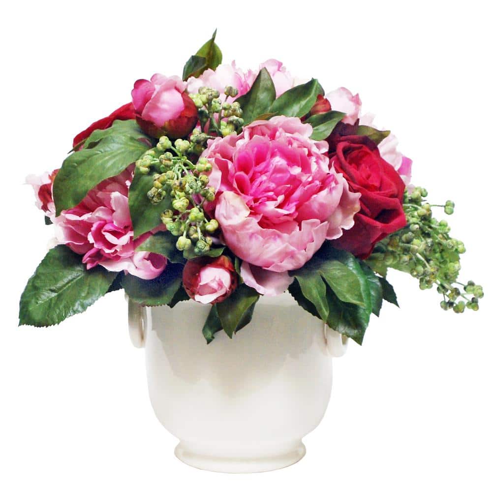 12 in. Pink Indoor Artificial Peony and Rose in Cream Cache Pot