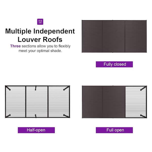 11.7 ft. x 21.2 ft. Bronze Aluminum Outdoor Louvered Pergola with 3-Individual Adjustable Roofs and In-Built Gutter