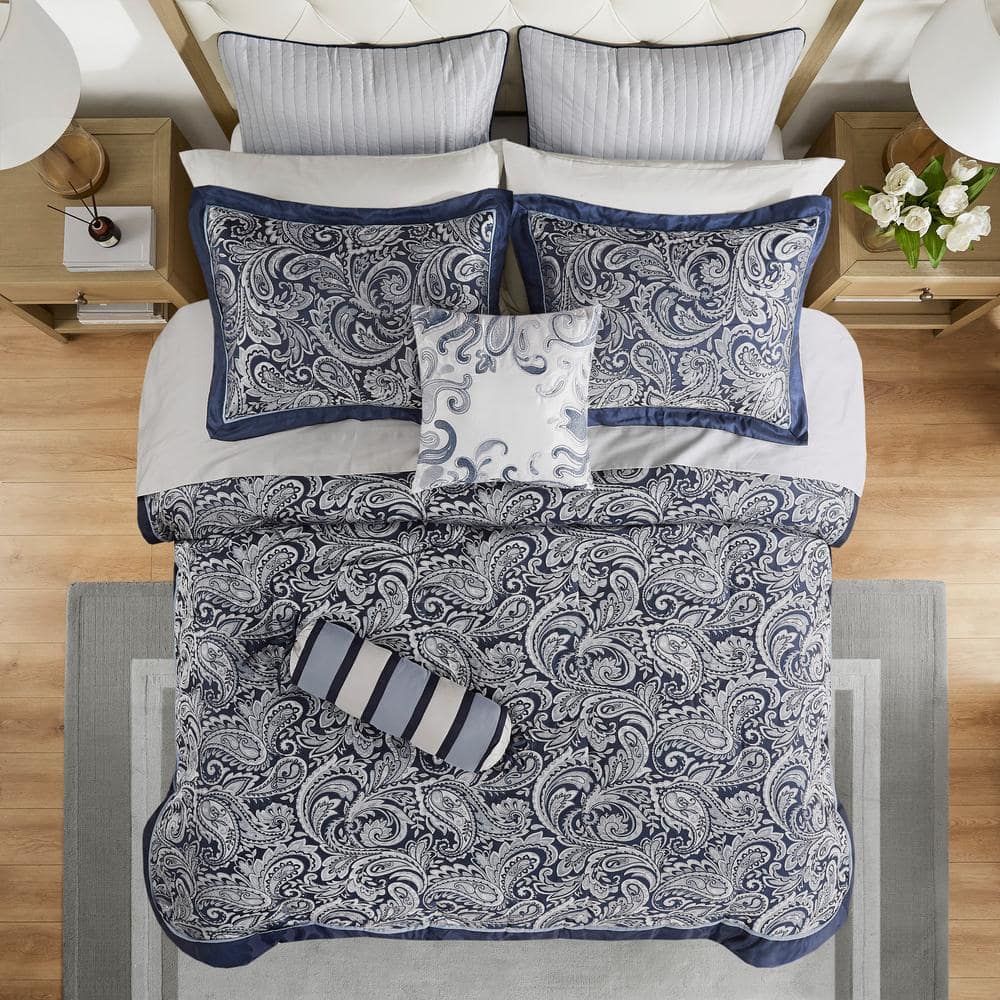 Navy Jacquard Cotton Queen 12-Piece Bedding Set