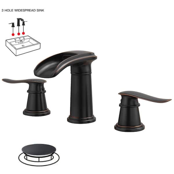 BWE 8 in. Waterfall Widespread 2-Handle Bathroom Faucet With Pop-up Drain Assembly in Spot Resist Oil Rubbed Bronze
