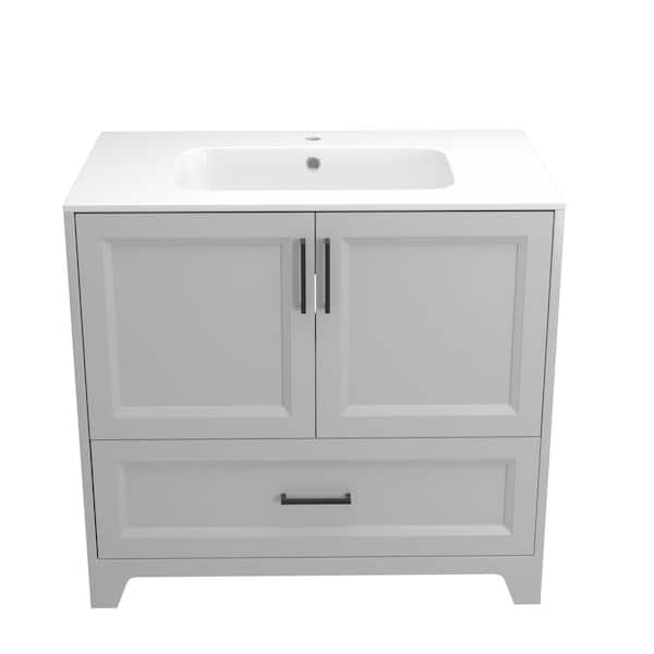  36 in. W x 22 in. D x 34 in. H Solid Wood Bath Vanity in Gray with White Solid Surface Top, Single Sink, Assembled