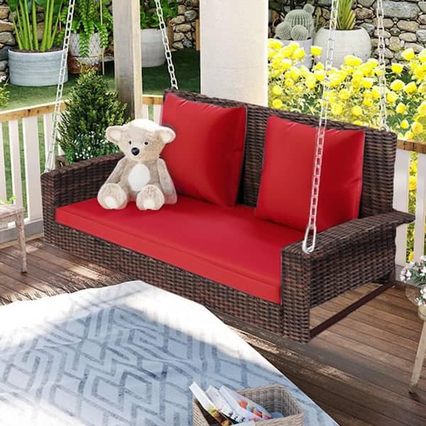 Harper & Bright Designs 2-Person Brown Wicker Porch Swing with True Red Cushions, Pillows and Chains