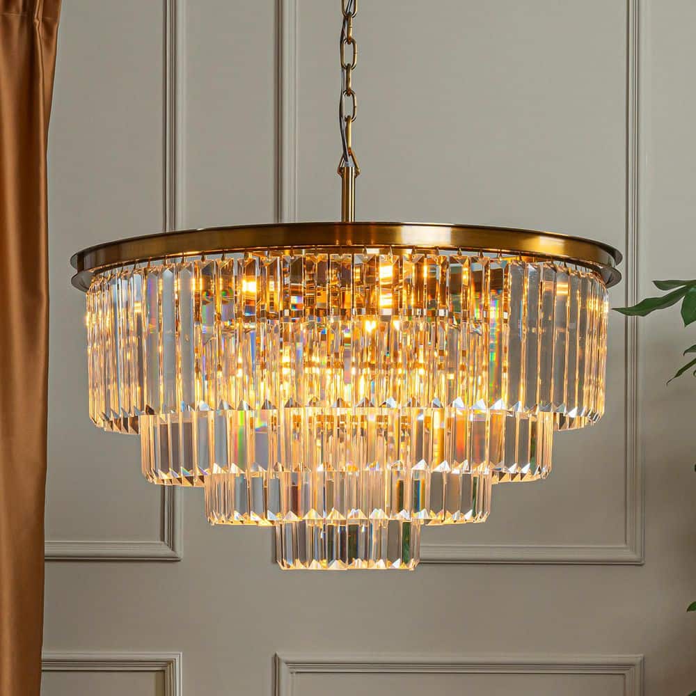 32in. 8-Light Modern Antique Gold 4-Tier Round Crystal Fringe Chandelier for Living Room price history on PriceWatchPro