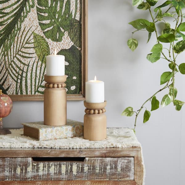 Litton Lane Brown Wood Beaded Pillar Candle Holder (Set of 2)