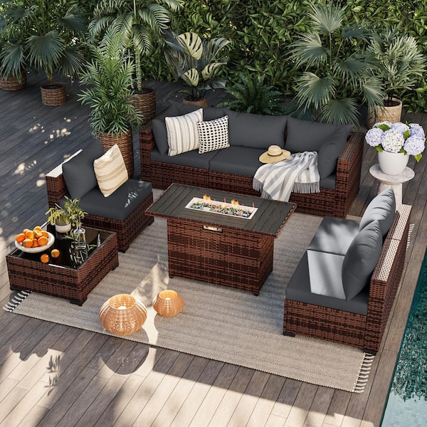 8-Piece Wicker Gray Cushion Patio Conversation Set with Fire Pit
