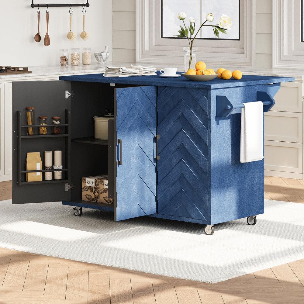 Navy Blue Solid Wood 51.2 in. Kitchen Island Handwoven with Drop Leaf, Coas