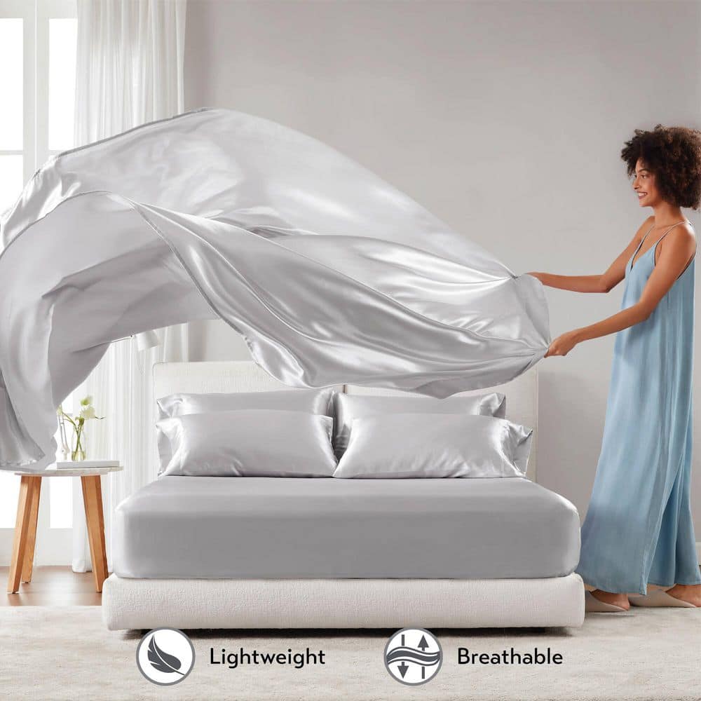 King Gray Satin Polyester Sheet Set with Pillowcases
