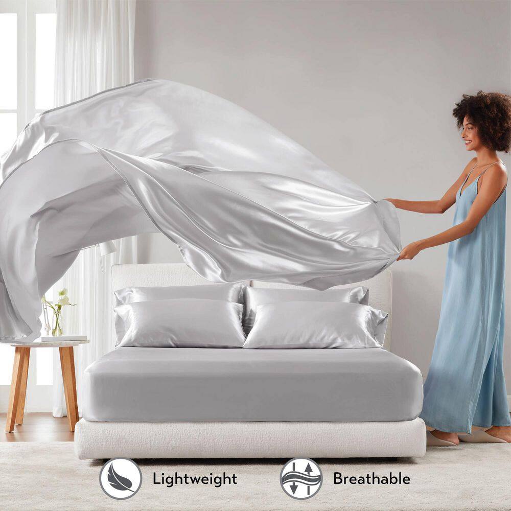 Light Grey Satin California King Sheet Set with Pillow Covers