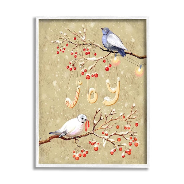 Stupell Industries Joy Birds on Winter Branch by Verbrugge Watercolor 1 Piece Framed Graphic Print Animal Poster Art Print 14 in. x 11 in.