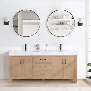 León 72 in.W x 22 in.D x 34 in.H Double Sink Bath Vanity in Fir Wood Brown with White Composite Stone Top