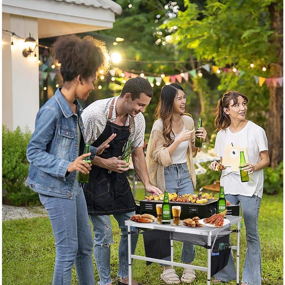 31.5" Silver Steel Folding Camping Table with Mesh Storage