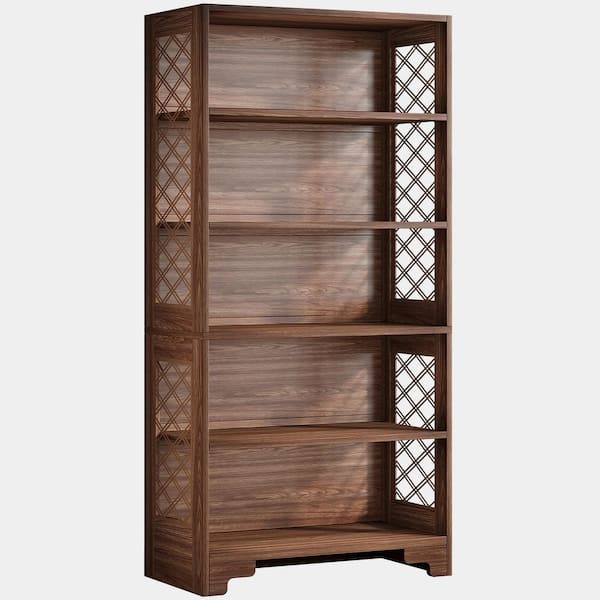 70 in. Tall Brown Wood 5-Shelf Standard Bookcase, Floor Standing Display Bookcase Set of 2