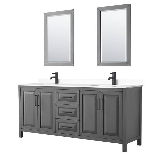 Wyndham Collection Daria 80 in. W x 22 in. D x 35.75 in. H Double Bath Vanity in Dark Gray with White Cultured Marble Top, 24 in. Mirrors