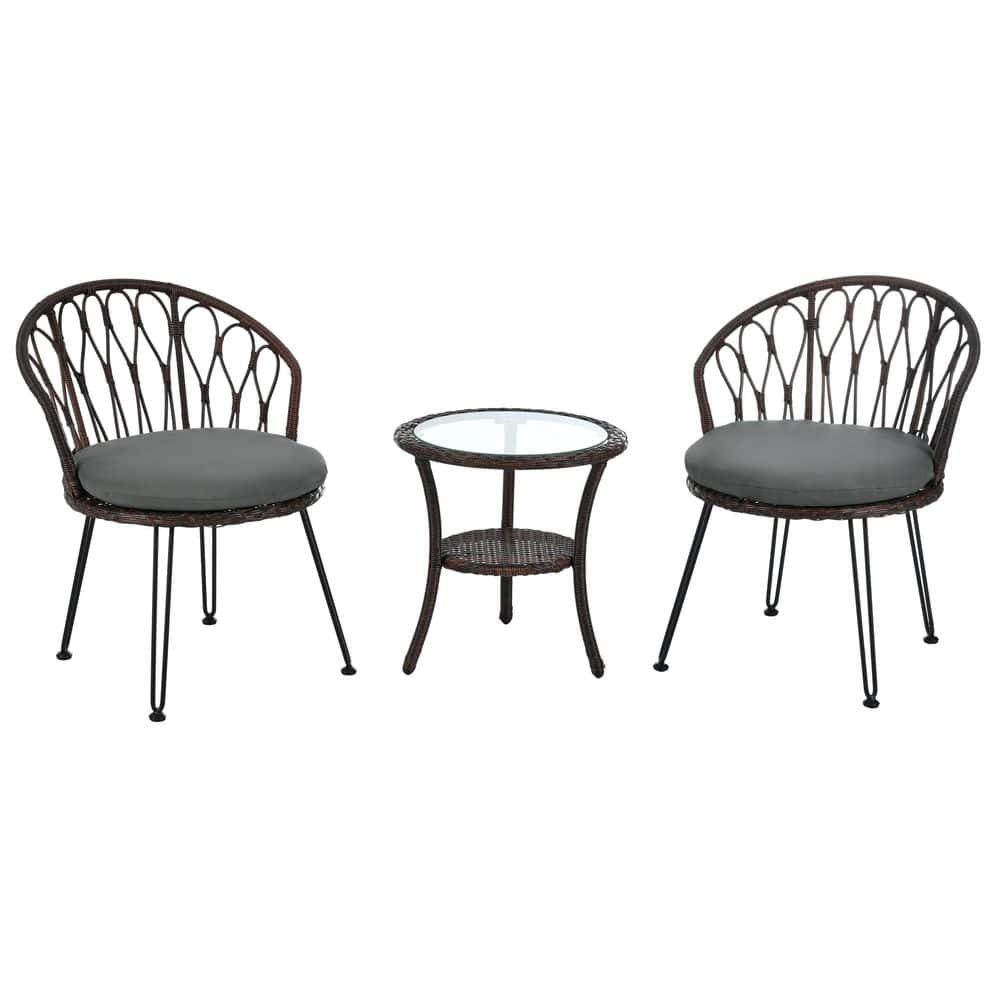 Brown Wicker Rattan Outdoor Chat Set include A Glass Round Table and 2 Chai