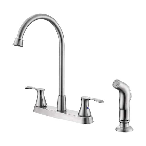 Double Handle Deck Mount Standard Kitchen Faucet, 4-Hole 8 in. Kitchen Sink Faucet with Side Sprayer in Brushed Nickel