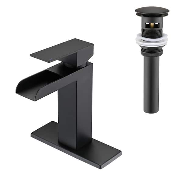Aurora Decor Ladera Single Handle Single Hole Bathroom Faucet with Deckplate Included and Pop up Drain in Matte Black