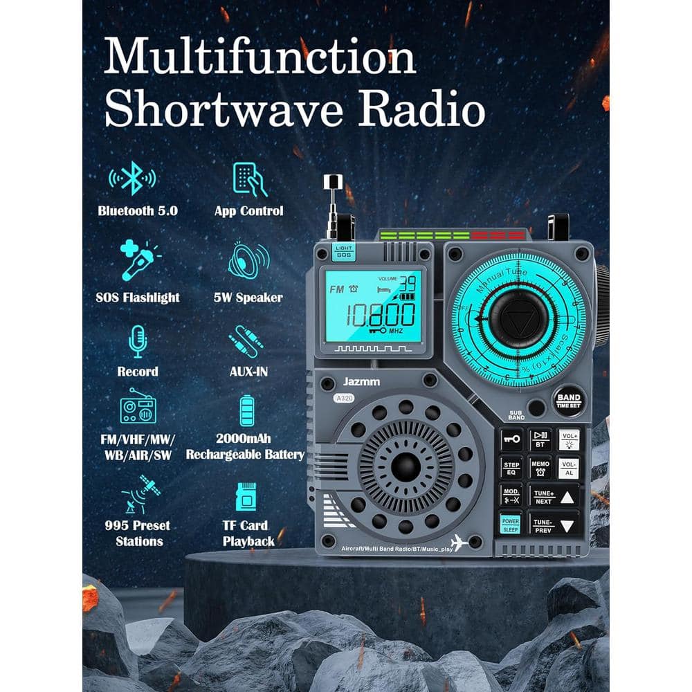 Portable Gray Multi-Band Shortwave Radio with Bluetooth and App Control