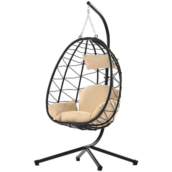 Angel Sar 1-Person Wicker Patio Swing Chair with Stand and Beige Cusions