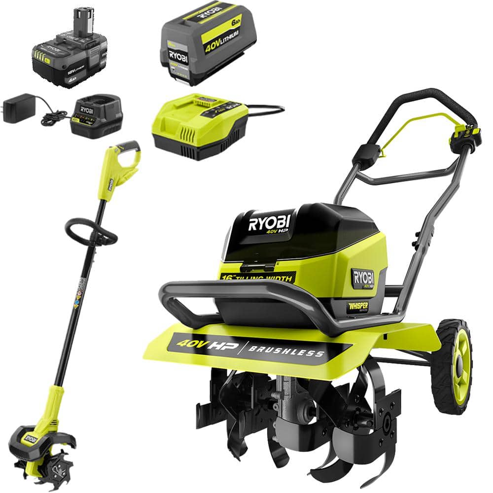RYOBI 40V HP Brushless 16 in. Front Tine Tiller with Adjustable Tilling Width & 18V Cultivator - Batteries and Chargers -  RY40730-C