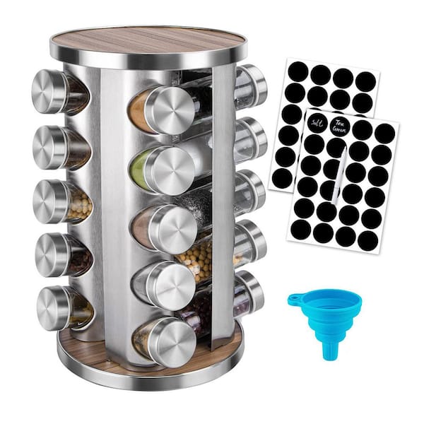2 Tier Stainless Steel Countertop Rotating Spice Rack Organizer with 20 Empty Jars for Kitchen Cabinet Storage