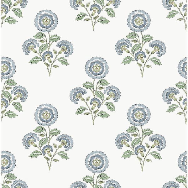 Blue and Green Flourish Block Print Multi Peel and Stick Wallpaper