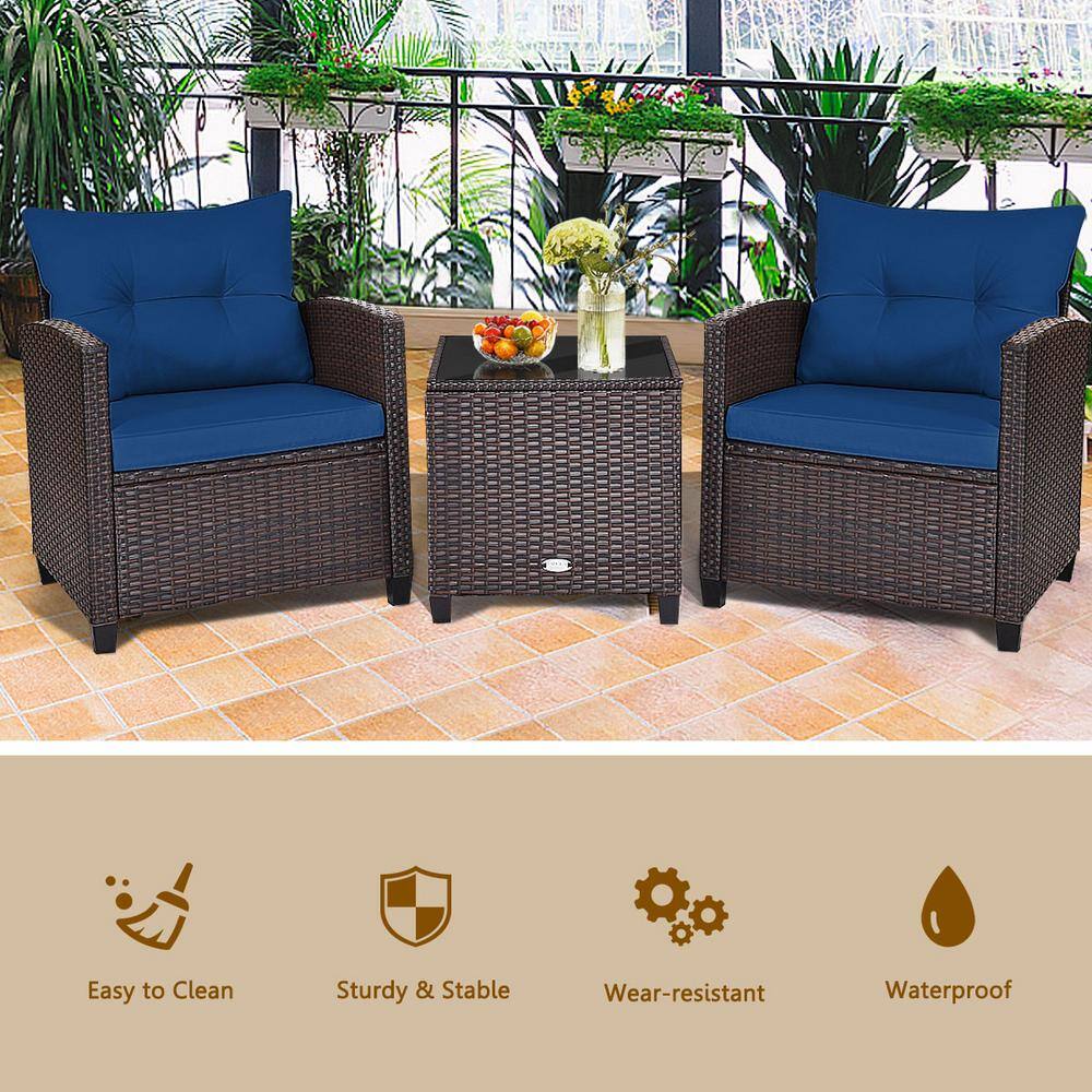 3-Piece Navy Cushioned Brown Steel Rattan Patio Set