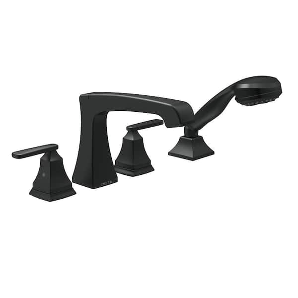 Delta Ashlyn 2 Handle Deck Mount Roman Tub Faucet Trim Kit In Matte Black With Hand Shower 0728