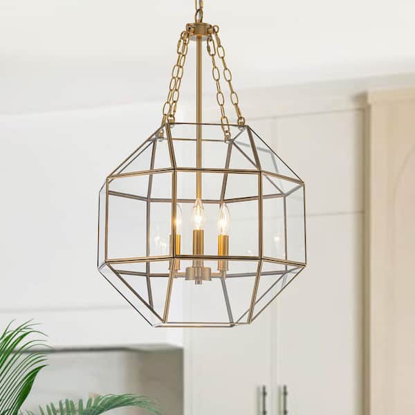 HUOKU Puente 3-Light 18.1 in.W Brass Chandelier Geometric Glass Pendant Light for Living Room and Kitchen Island