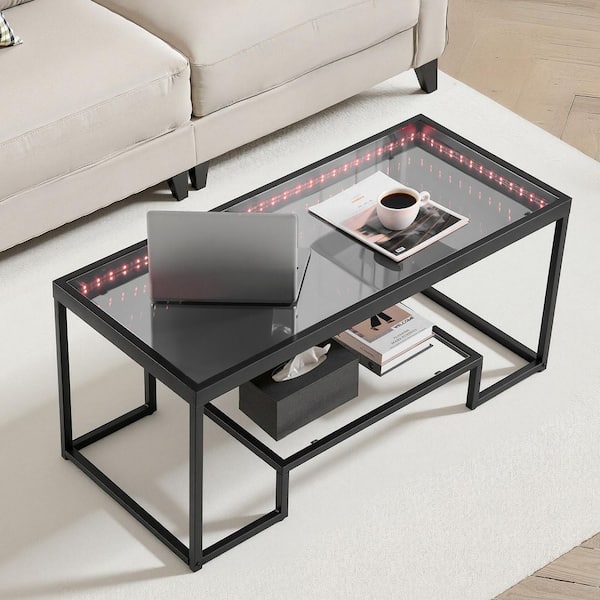 SKYSHALO Modern Glass Coffee Table with Lighting, 2-Tier Tempered