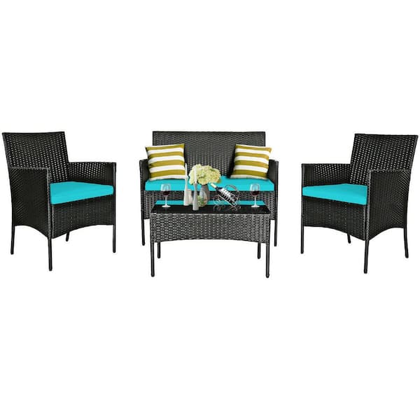 FORCLOVER 4-Piece Wicker Patio Conversation Set with Turquoise Cushions