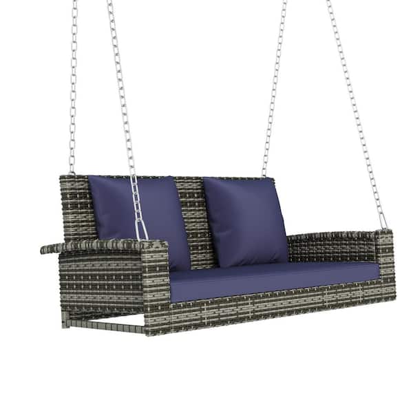 Miscool Anky 50 in. 2-Person Patio Gray Wicker Porch Swing Hanging Rattan Bench Chair for Garden with Blue Cushions