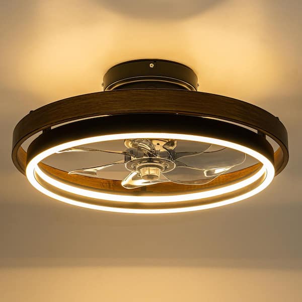 0.98 ft. 1-Light Brown Farmhouse LED Indoor Woodgrain Flush Mount Ceiling Fan with 11.8 in. Fan Blade Span