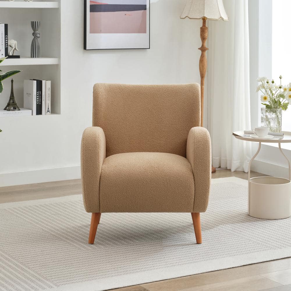 Camel Boucle Upholstered Barrel Accent Chair with Wood Legs