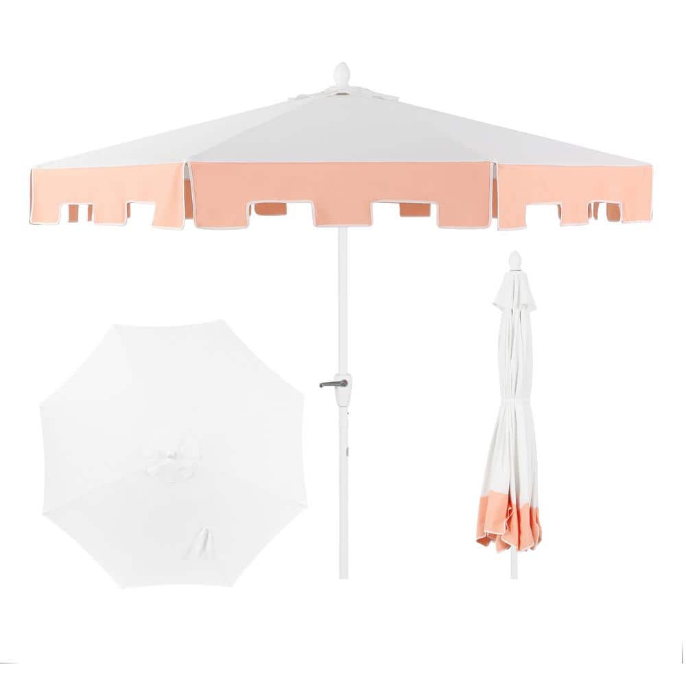 9 ft patio umbrella coral JONATHAN Y Terrace ft. Scalloped Half Umbrella, Pink/Brown and an auto Tracy Classic MidCentury Scalloped Fringe