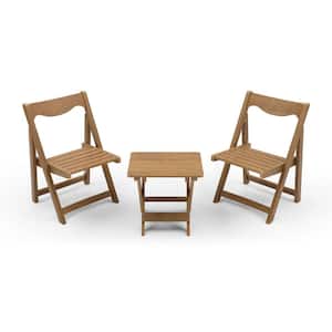 3-Piece Teak Classic Plastic Foldable Patio Bistro Conversation Set with Side Table and 2 Lounge Chairs
