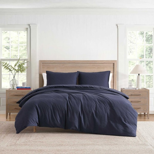 Monogram Matelasse 3-Piece Navy Blue Matelasse Cotton King Duvet Cover Set