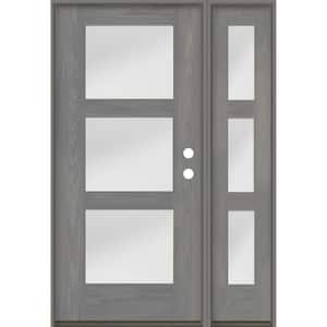 BRIGHTON Modern 50 in. x 80 in. 3-Lite Left-Hand Inswing Satin Glass Malibu Grey Stain Fiberglass Prehung Front Door RSL