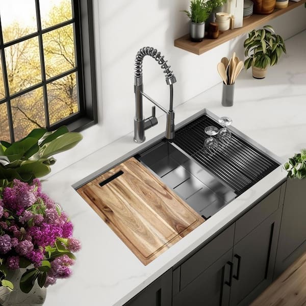 30 in. Undermount Single Bowl 18 Gauge Gunmetal Black Stainless Steel Workstation Kitchen Sink