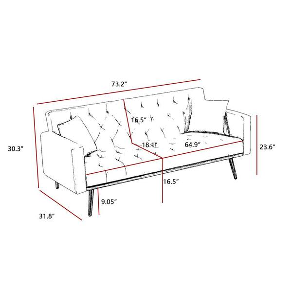 Gray 73.2 in. Upholstered Sleeper Sofa Velvet Futon Sofa Bed, 3-Seater Button Tufted with 2-Pillows Gold Metal Legs