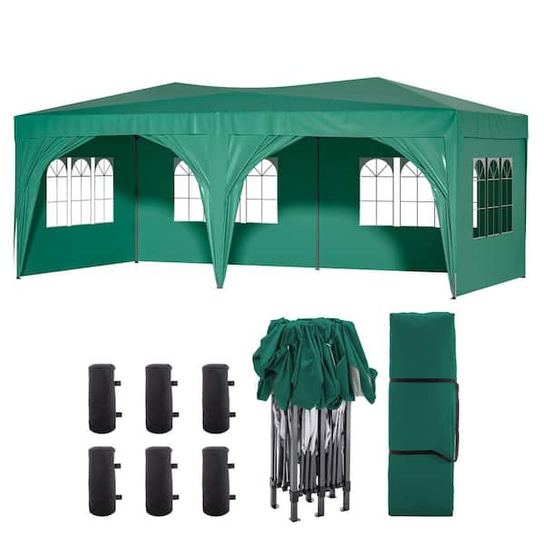 Kahomvis 10 ft. x 20 ft. Green Outdoor Heavy Duty Gazebo Portable Pop Up Canopy Party Tent with Sidewalls, Carry Bag, Weight Bag