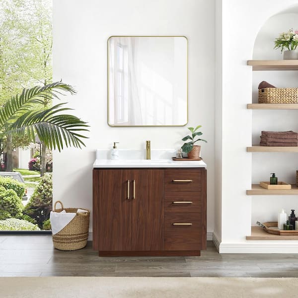 ROSWELL San 42 in.W x 22 in.D x 33.8 in.H Single Sink Bath Vanity in Natural Walnut with White Composite Stone Top and Mirror