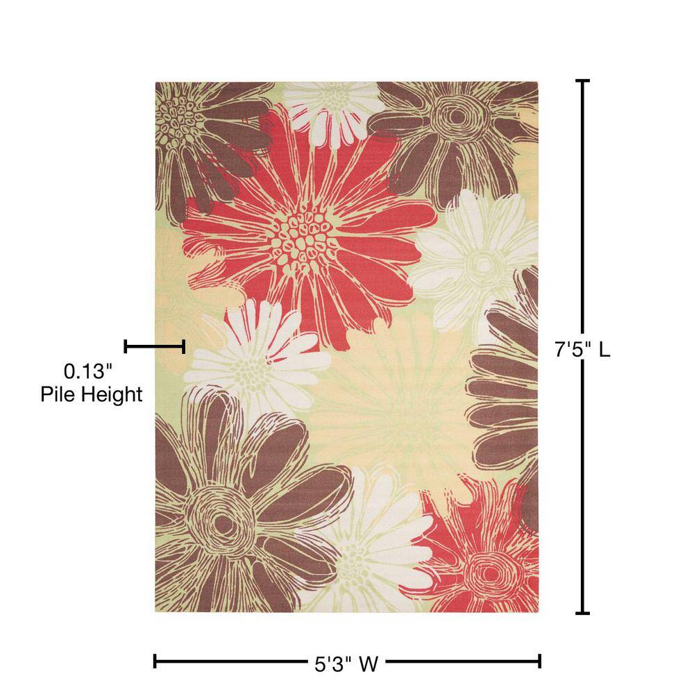 Lime Green Floral Sketch 5' x 7' Easy-Care Synthetic Area Rug