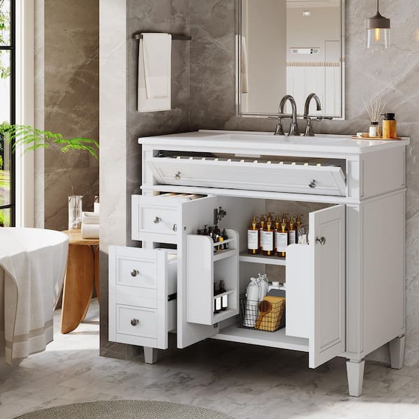 36 in. Single Sink Freestanding White Bath Vanity with White Ceramic Top Unassembled