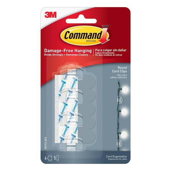 Command Command Round Cord Clips, Clear, Damage Free Organizing, 4 Cord Clips and 5 Strips