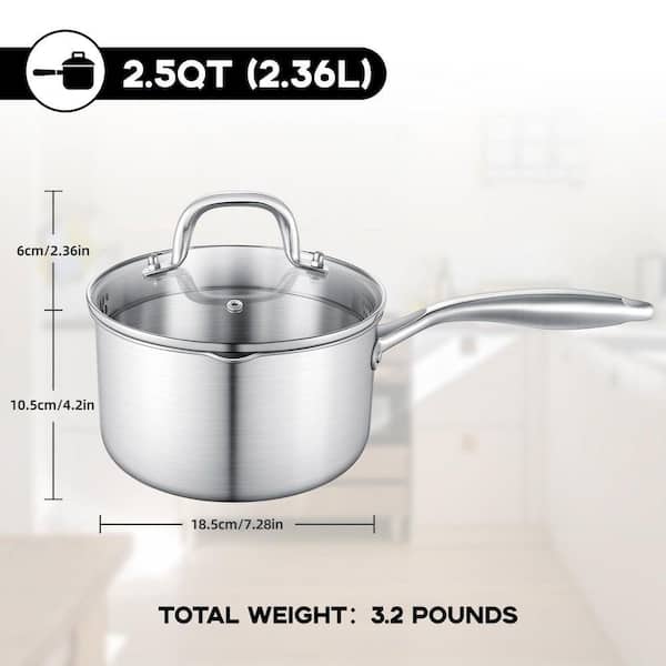 2.5 Quart Stainless Steel Saucepan Tri-ply Construction with Glass