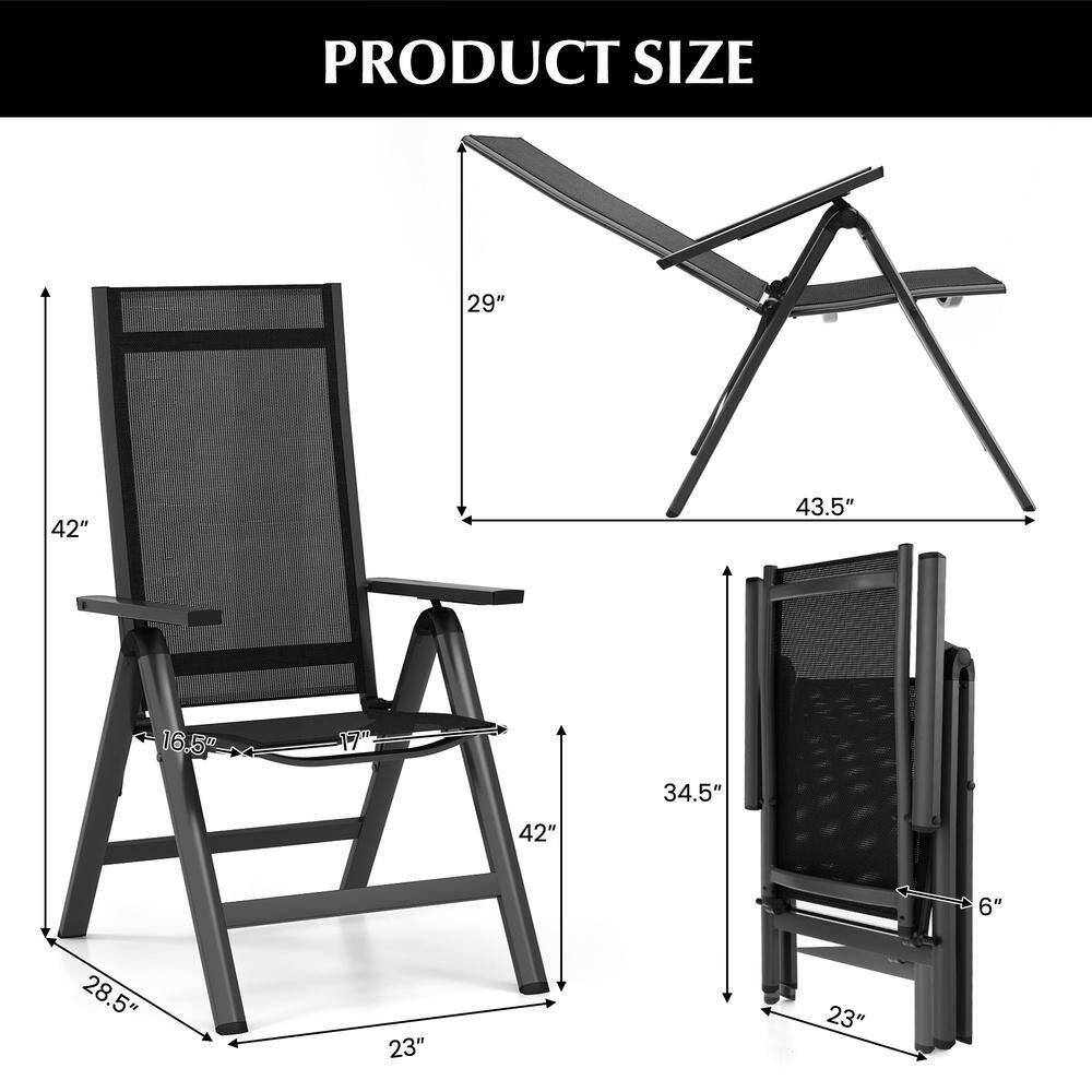 Dimension diagram of the black outdoor dining chair in upright, reclined, and folded positions.