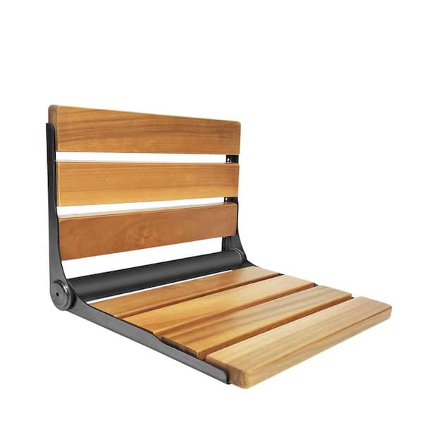 17.5 in. Folding Stainless Steel and Teak Wood Shower Seat Teak in Black, Fold Down Shower Seat, Non-Toxic, Space Saver