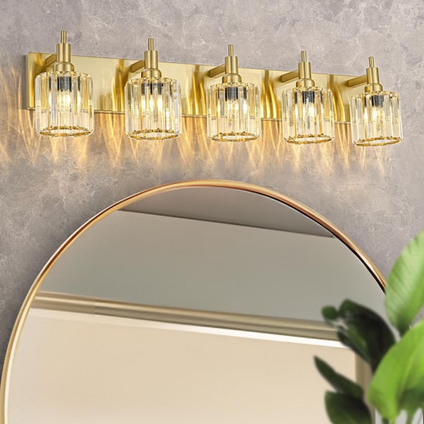 Orillia 35.4 in. 5-Light Modern Gold Bathroom Vanity Light with Round Crystal Shades