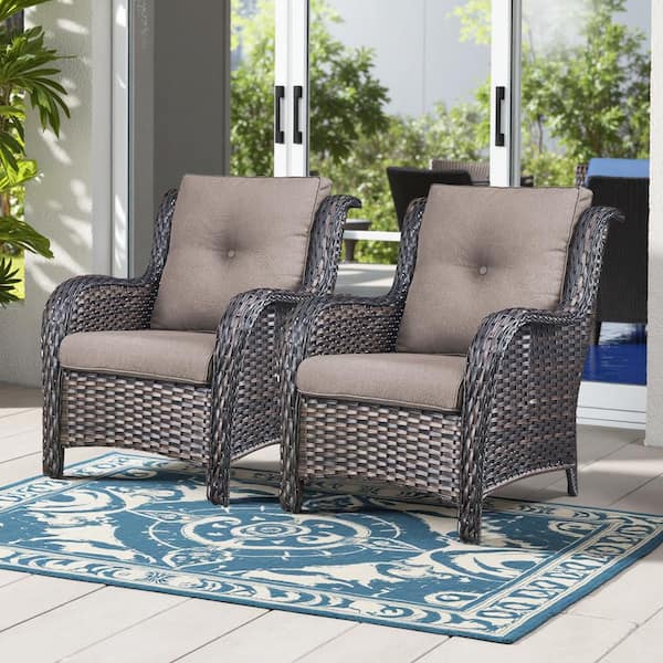Pocassy Brown Wicker Outdoor Patio Lounge Chair with CushionGuard Gray Cushions (2-Pack)