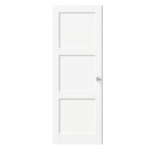 28 in. x 80 in. Solid Wood & MDF, Pre-assembled, White Primed, 3-Panel Interior Door Slab with Silver Sphere Doorknob